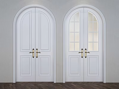 White Double Doors With Golden Handles And Right Side Glass Panes Dark Wooden Floor 3d model