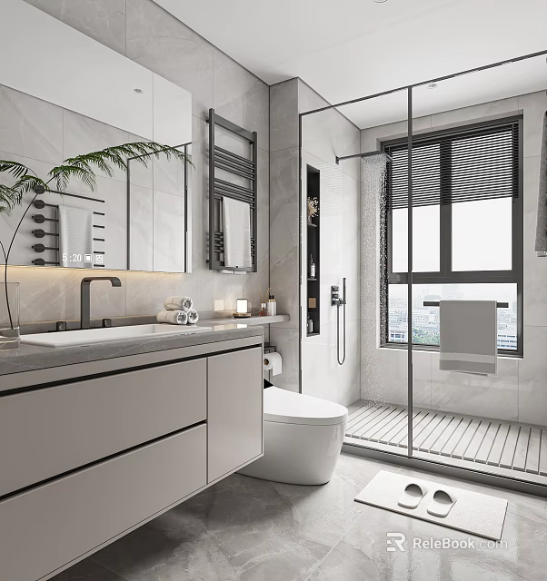 Elegant Modern Bathroom Interior With Glass Shower Enclosure White Vanity Mirror Plants And Window 3d model 