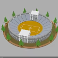 Circular Stadium Equipment Featuring Football Field Blue Stands White Buildings And Green Trees