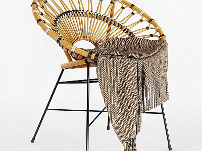 Round Wicker Rattan Chair With Knitted Blanket And Black Metal Legs 3d model