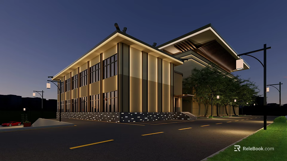 Modern Chinese Style Building Exterior With Night Lighting Road And Trees 3d model 