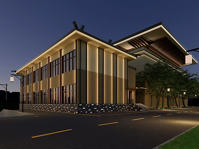 Modern Chinese Style Building Exterior With Night Lighting Road And Trees 3d model