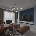 Modern Living Dining Room Interior With Blue Wall Brown Leather Sofa And Wooden Furniture
