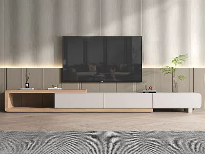 Modern Wooden TV Stand with Flat Screen TV Textured Wall Potted Plant and Area Rug 3d model