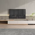 Modern Wooden TV Stand with Flat Screen TV Textured Wall Potted Plant and Area Rug