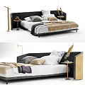 Modern Double Bed Interior With Multiple Pillows Cozy Blanket And Gold Side Table 3d model