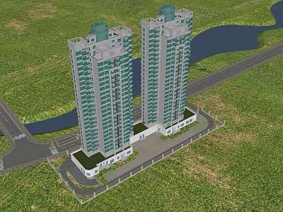 Twin Modern High Rise Residential Buildings With Green Grass River And Road 3d model