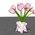 Beautiful Pink Tulips In Bow Decorated Vase On Marble Tabletop