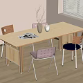Wooden Dining Table With Four Mixed Design Chairs Vase Branches And Magazines Near Window