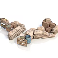 Essential Household Supplies Collection with Wooden Crates Canvas Sacks Metal Barrels and Trolley