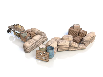 Essential Household Supplies Collection with Wooden Crates Canvas Sacks Metal Barrels and Trolley 3d model