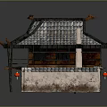 Traditional Chinese Architecture with Tiled Roof Overhanging Eaves Red Lanterns Wooden Structure and Stone Walls