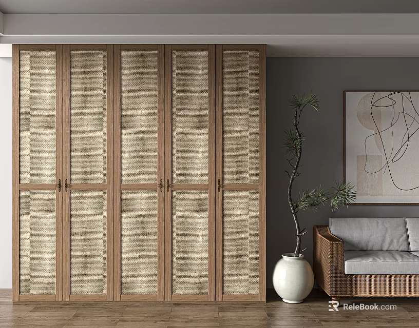 Wooden Wardrobe with Rattan Panel Doors in Living Room with Potted Plant and Sofa 3d model 