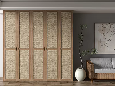 Wooden Wardrobe with Rattan Panel Doors in Living Room with Potted Plant and Sofa 3d model
