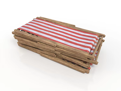 Stacked Wooden Bench With Red White Striped Cushion For Outdoor Seating 3d model