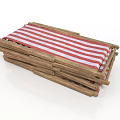Stacked Wooden Bench With Red White Striped Cushion For Outdoor Seating