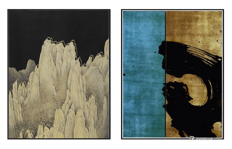 Abstract Paintings With Mountain Textures Blue Gold Split Backgrounds And Black Brushstroke 3d model 