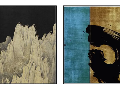 Abstract Paintings With Mountain Textures Blue Gold Split Backgrounds And Black Brushstroke 3d model