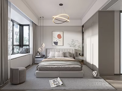 Modern Bedroom Interior Design With Platform Bed Built In Wardrobe And Pendant Light 3d model