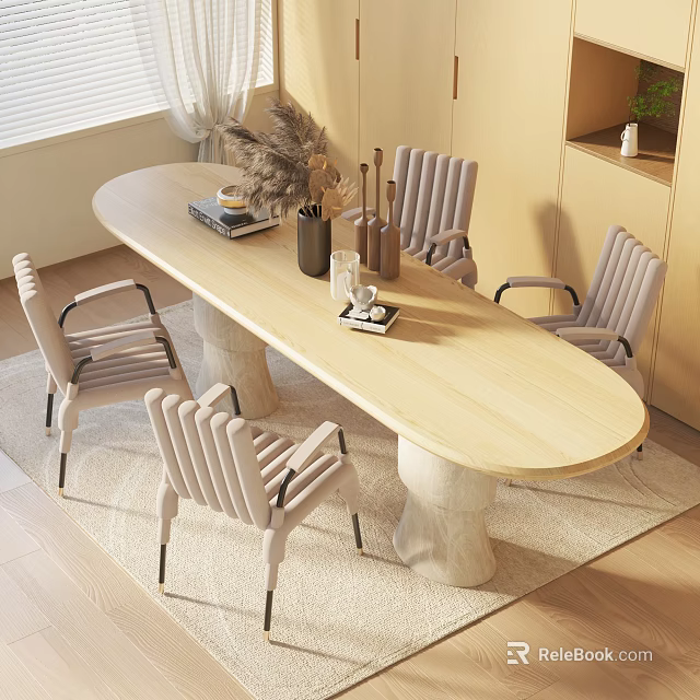 Modern Oval Dining Table Set With Stump Legs And Four Light Gray Vertical Stripe Chairs 3d model 