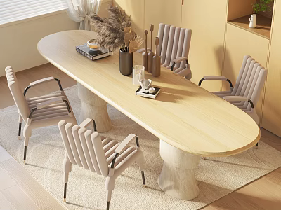 Modern Oval Dining Table Set With Stump Legs And Four Light Gray Vertical Stripe Chairs 3d model