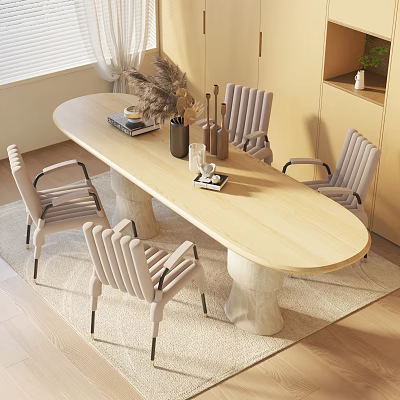 Modern Oval Dining Table Set With Stump Legs And Four Light Gray Vertical Stripe Chairs 3d model