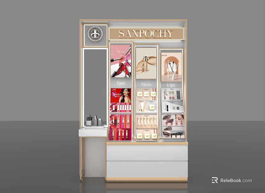 Modern Luxury Cosmetic Display Shelf with Glass Doors and Beauty Products 3d model 