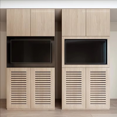 Modern Wooden TV Cabinet Design With Double Embedded TVs And Slatted Door Storage Units 3d model