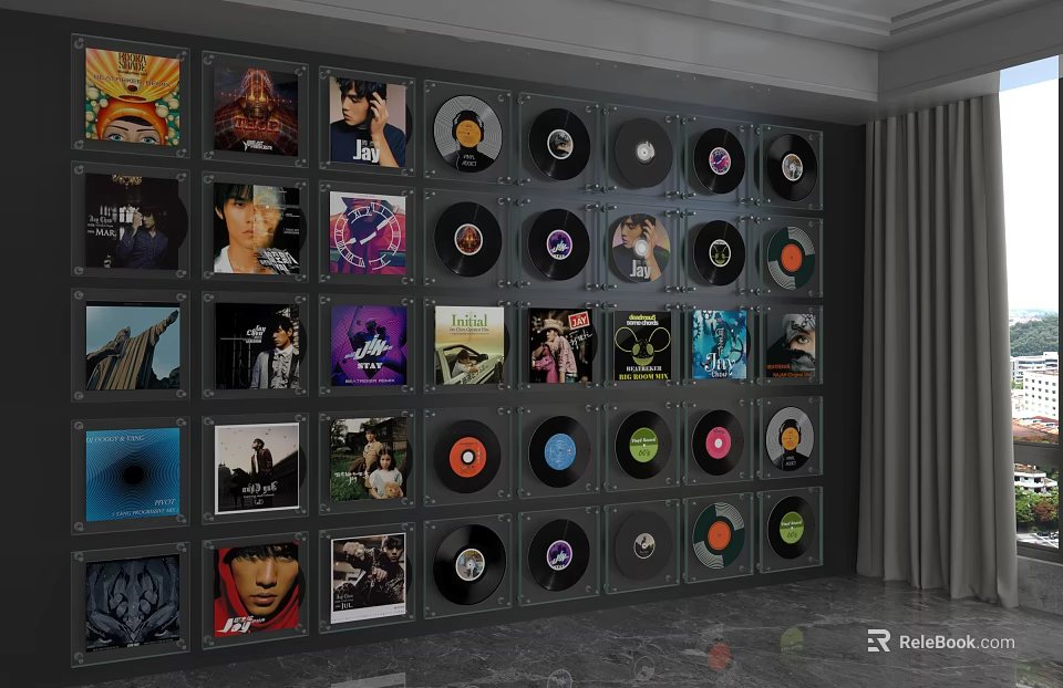 Stylish Background Wall Decor With Arranged Vinyl Records And Album Covers 3d model 
