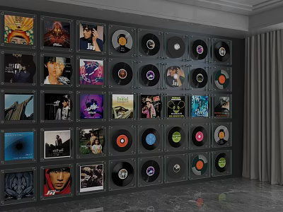Stylish Background Wall Decor With Arranged Vinyl Records And Album Covers 3d model
