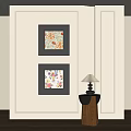 Abstract Paintings In Black Frames With Floral Patterns Hung On Wall And Side Table Lamp 3d model