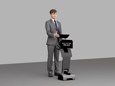 Game Movie Character in Gray Suit With Tie Standing By Talking Head Device 3d model