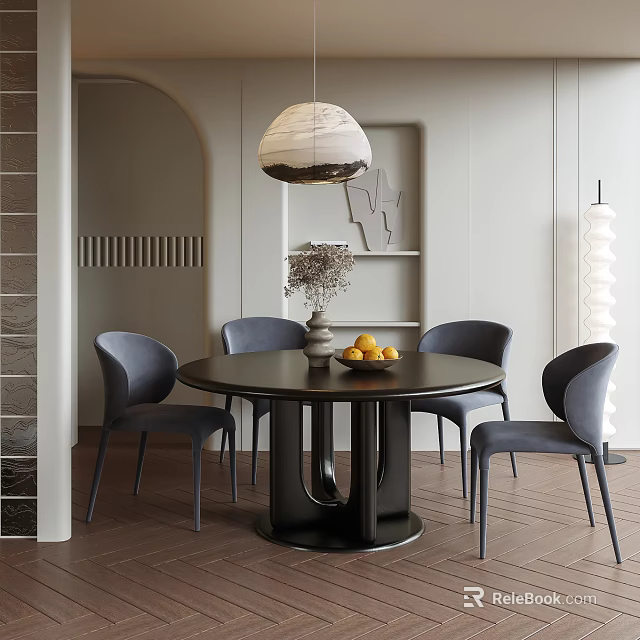 Modern Round Dining Table Set With Gray Chairs Dried Flowers And Fruit Bowl 3d model 