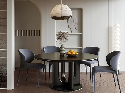 Modern Round Dining Table Set With Gray Chairs Dried Flowers And Fruit Bowl 3d model