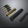 Different Types Of Weapon Components Including Bullets Shell Casings And Metal Barrels