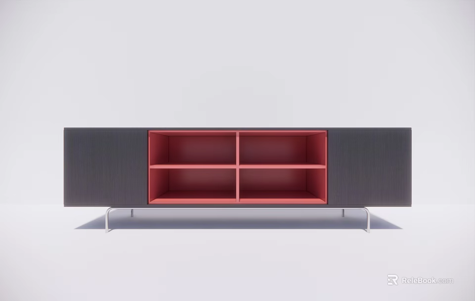 Modern Black Red TV Stand With Open Compartments And Metal Legs 3d model 