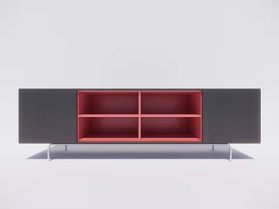 Modern Black Red TV Stand With Open Compartments And Metal Legs 3d model