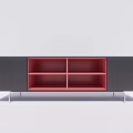 Modern Black Red TV Stand With Open Compartments And Metal Legs