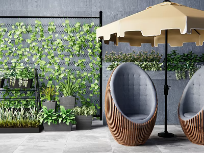 Cozy Outdoor Sofa with Wicker Frame Green Plant Wall and Umbrella in Garden 3d model
