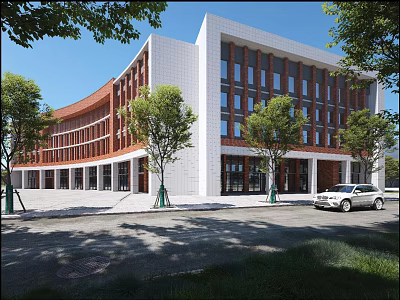 Modern School Building Exterior With White Walls Red Bricks Large Windows And Trees Around Entrance 3d model