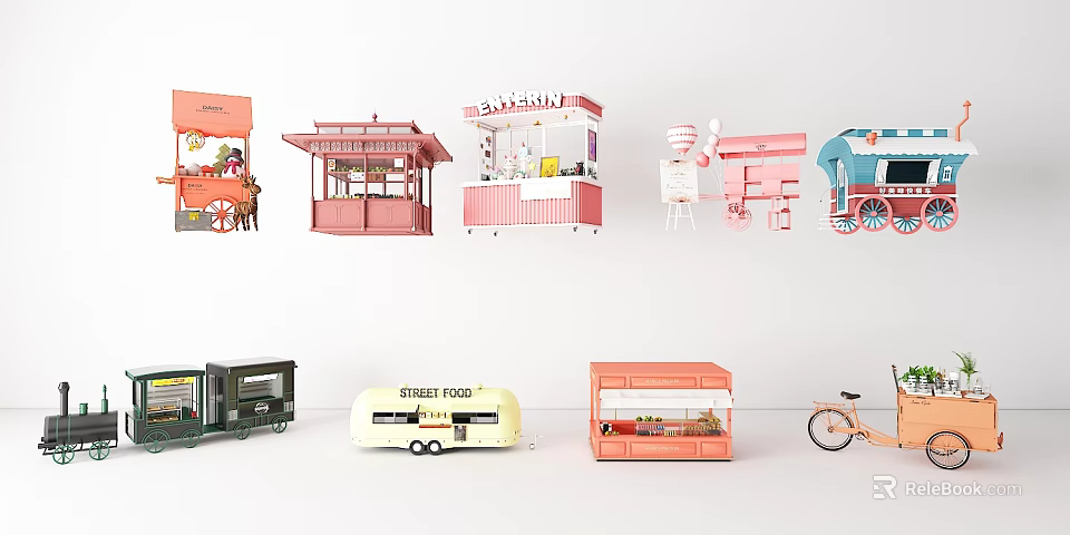 Colorful Bubble Tea Shop Stalls And Mobile Food Trucks With Sweet Treats 3d model 