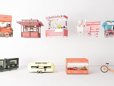 Colorful Bubble Tea Shop Stalls And Mobile Food Trucks With Sweet Treats 3d model