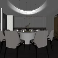 Elegant Private Dining Room With Round Table Comfortable Chairs Modern Chandelier And Decorative Walls