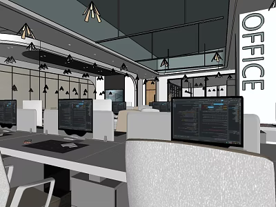 Modern Public Office Space With Workstations Computers Hanging Lights And Ceiling Design 3d model