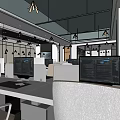 Modern Public Office Space With Workstations Computers Hanging Lights And Ceiling Design 3d model