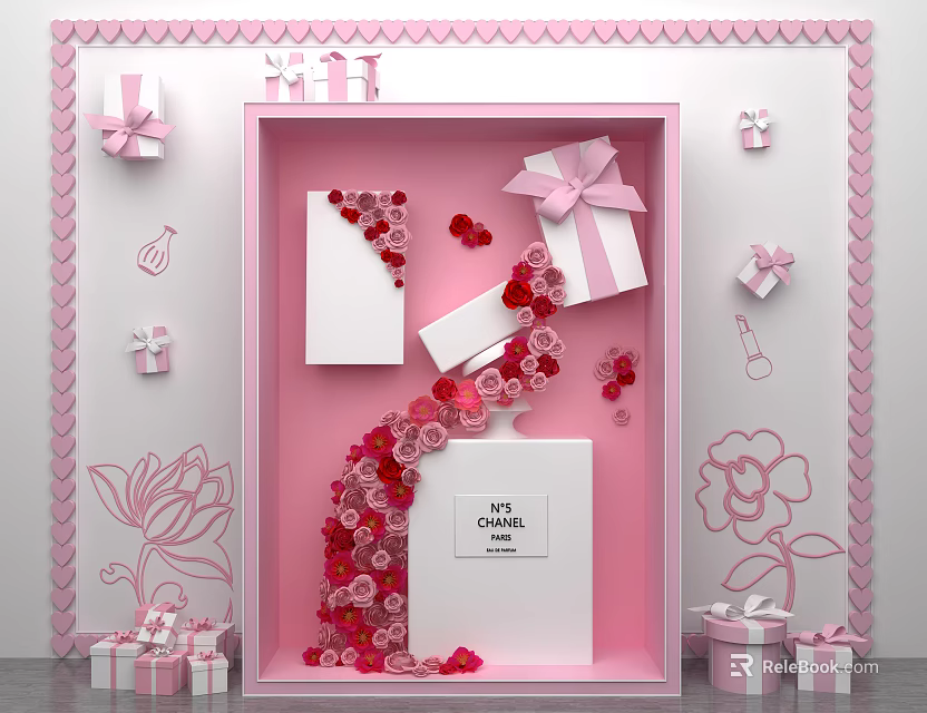 Pink Themed Window Display With Chanel Box Gift Boxes Rose Petals And Heart Decorations 3d model 