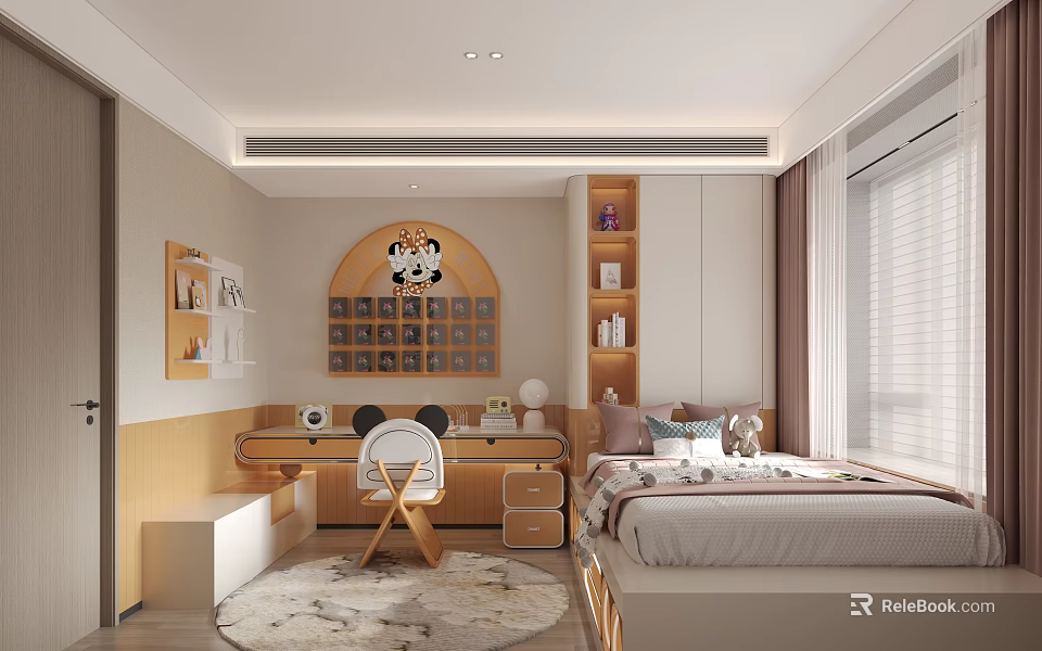 Modern Kids Room Interior With Study Desk Bed Bookshelf And Decorative Rug 3d model 