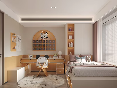 Modern Kids Room Interior With Study Desk Bed Bookshelf And Decorative Rug 3d model