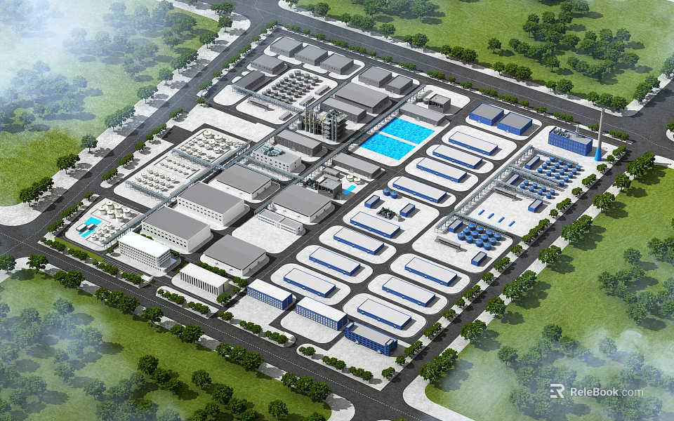 Industrial Factory Aerial View Layout With Multiple Buildings Green Areas Surrounding Roads And Facilities 3d model 