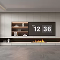 Modern TV Wall Design with Built-in TV Fireplace Flames Floating Shelves and Decorations